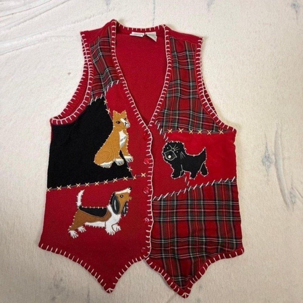 Vintage Maggie Lawrence Dog‎ Patchwork Sweater Vest Womens XL Red Plaid